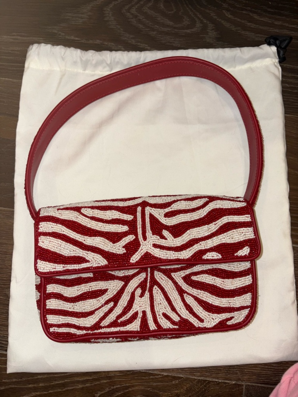 STAUD Red and White Beaded Shoulder Bag with Zebra Motif - Picture 5 of 6